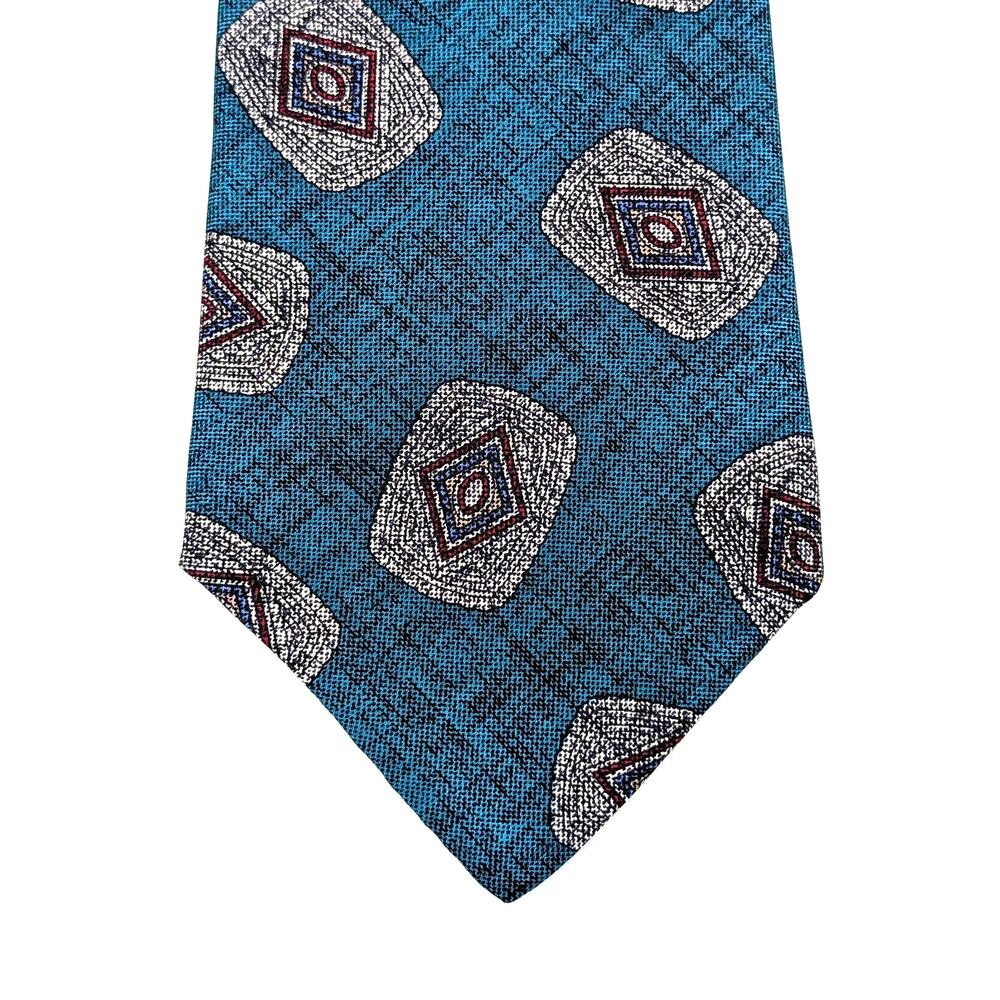 Vintage 80s Oscar de la Renta Couture Tie Geometric Mosaic Crosshatch Teal Gray